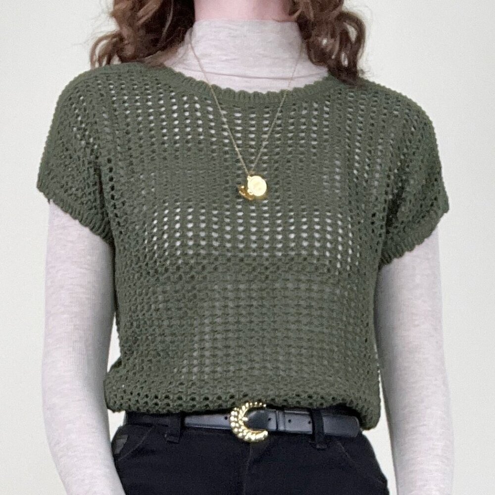 Vintage Open Knit Crochet Pointelle Sweater Vest Top Blouse Oversized Loose Fit